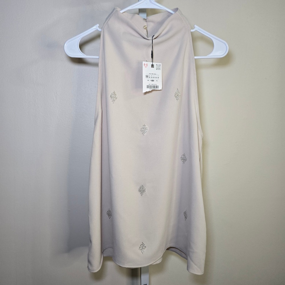 Zara Womens Rhinestone Embellished Halter Neck Blouse Beige Cream Size M NEW